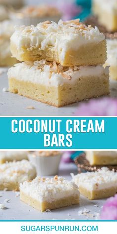 coconut cream bars stacked on top of each other with the text overlay above it