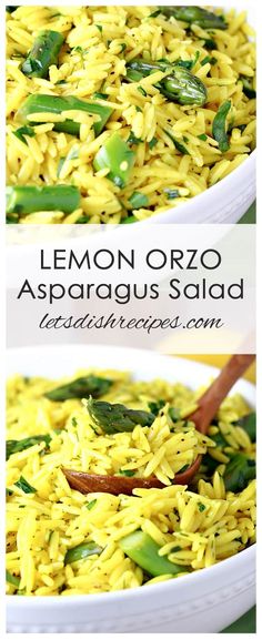 lemon orzo asparagus salad in a white bowl