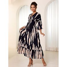 Season:Summer; Fabric:Polyester; Sleeve Length:3/4 Length Sleeve; Gender:Women's; Style:Elegant; Occasion:Daily; Fit Type:Loose Fit; Dresses Type:A Line Dress,Black Dress; Pattern:Tie Dye; Design:Print; Neckline:V Neck; Sleeve Type:Bell Sleeve; Front page:FF; Listing Date:06/20/2024; Bust:null; Length:null; Waist:null; Fit US Size:null; Fit UK Size:null; Fit EU Size:null; Dress Length Type:Maxi Dress; Print Type:Print Summer Beach Dress With 3/4 Length, Summer Beach Dresses With 3/4 Length, 3/4 Length Summer Beach Dresses, Chic Half Sleeve Maxi Dress For Beach, Summer Day Out Maxi Dress With 3/4 Sleeves, Summer Half Sleeve Maxi Dress For Brunch, Spring Half Sleeve Maxi Dress For Day Out, Elegant Half Sleeve Maxi Dress For Beach, Chic 3/4 Sleeve Maxi Dress For Beach