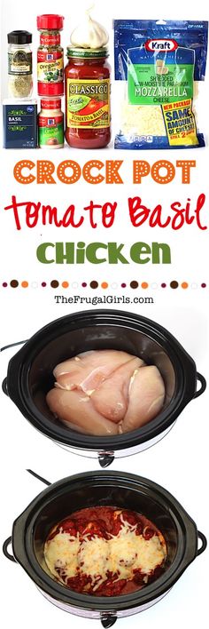 the crock pot tomato basil chicken is shown in this advertisement