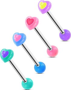 PRICES MAY VARY. [Colorful Design] 4PCS Acrylic Rainbow Heart Tongue Rings, The barbell worn is 316L Surgical Steel, Four Different color Designs, Variety of Styles for you to Choose from, Bring a Different Experience to Life. [Tongue Barbells 14G] Bar Thickness: 14g(1.6mm); Bar Length:16mm, Standard Size For your Tongue Piercing Jewelry [Safe Material] High-Quality Acrylic Ball and 316L Surgical Steel Bar, Allergy Safety, Nickel & Lead-Free. The Balls Do Come Off Both Ends [Good Gift Choice] Th Cute Tongue Piercing Jewelry, Cute Tongue Rings, Cute Tongue Piercing, Tongue Piercing Jewelry, Tongue Piercings, Bellybutton Piercings, Tongue Ring, Piercing Inspo, Tongue Piercing