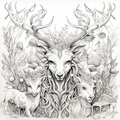 an artistic drawing of deer and other animals