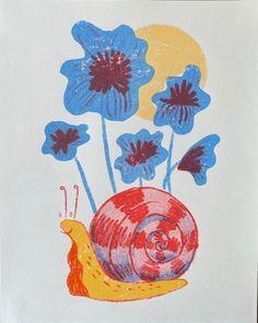 a drawing of a snail with blue flowers in the background