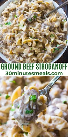 two pictures with different types of food in them and the words ground beef stroganoni