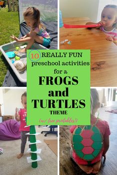 some kids are playing with their toys at the table and in front of them is a green sign that says, 10 really fun preschool activities for a frog and turtles theme