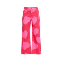 Libertine "Pinky" pants in red heart print Cropped fit Mid rise sits high on hip Wide legs Five-pocket style Button/zip fly; belt loops Cotton/elastane Dry clean Made in USA Pink Heart Print Bottoms For Spring, Trendy Heart Print Bottoms For Spring, Casual Straight Leg Bottoms With Heart Print, Cotton Bottoms With Heart Print, Fitted Cotton Bottoms With Heart Print, Casual High Waist Heart Print Bottoms, Fitted Heart Print Bottoms For Spring, Trendy Pink Bottoms With Heart Print, Fitted Pink Bottoms With Heart Print