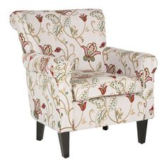 an upholstered chair with a floral pattern on the armrests and back