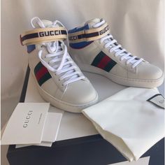 New Gucci 523472 Ace Web Black Leather High Top Logo Sneakers For Men’s 4+G / For Men’s Us 6 ,For Women’s Size Us 8 . Please Check Photos!!!!!!! $ 730 Authentic New With Box And Dust Bag. Gorgeous Brand New In Box 100% Authentic Gucci Ace High Top Sneakers Retail Price: $730.00 Style # 523472 Size: Men's 4+ G / Us 6. , Fits Women's Us 8 !!!!! Please Check Measurements Photos. White Leather Web Stripes In Green And Red Quilted Padded Collar Signature Metallic Flashes At The Heel Gucci Jacquard St Gold Sneakers, Gucci Monogram, White Leather Shoes, Summer Sneakers, Green Sneakers, Red Quilts, Leather High Tops, Gucci Leather, Gucci Shoes