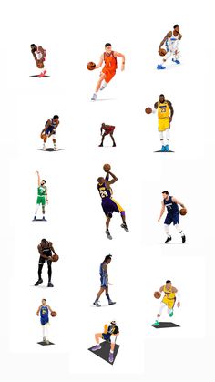 an image of basketball players in different positions on a white background, including the ball