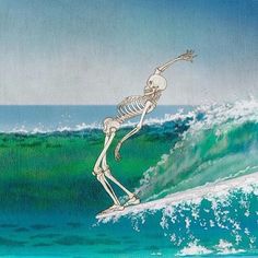 a skeleton surfing on a wave in the ocean