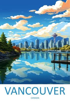 the vancouver skyline is reflected in the water with mountains and clouds above it, as well as