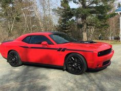 a red sports car parked in front of a house