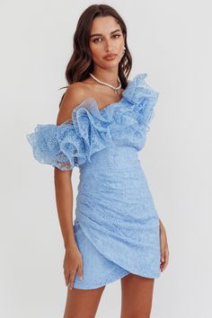 Hollyn One-Shoulder Ruffle Mini Dress Baby Blue by Selfie Leslie Dress Baby Blue, Homecoming Queen, Queen Dresses, Cute Homecoming Dresses, Cute Prom Dresses, Ruffle Mini Dress, Iron Material, Invisible Zip, Nude Heels