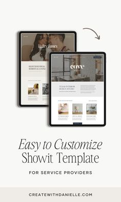 two ipads with the text easy to customize showit template for service providers