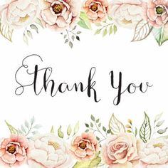 a thank card with watercolor flowers and the words thank you written in black ink