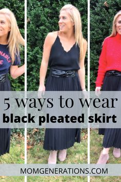 5 Ways to Style a Black Pleated Skirt Black Pleated Skirt Wedding Guest, Black Chiffon Pleated Skirt, Styling Black Pleated Midi Skirt, What To Wear With Black Pleated Skirt, How To Wear A Pleated Skirt Winter, Pleated Black Skirt Outfit Summer, Black Accordion Skirt Outfit, Black Satin Pleated Skirt Outfit, Pleated Black Leather Skirt Outfit