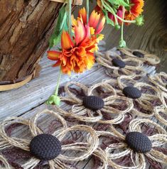 an orange flower sitting on top of a piece of rope next to a potted plant