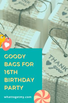 some bags with tags on them for birthday party