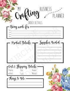 a printable recipe book with flowers and the words, my crafting order details