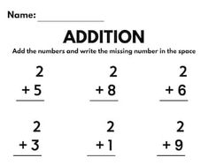 an addition worksheet with two numbers and one missing number in the space on it