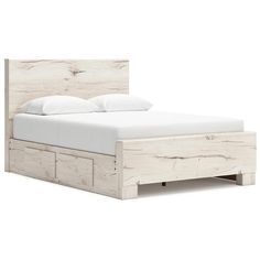 a bed with drawers underneath it and white sheets on the headboard, in front of a white background