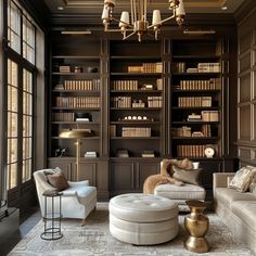 a living room filled with lots of furniture and bookshelves covered in brown bookcases