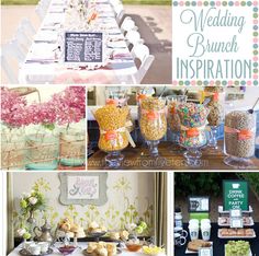 wedding brunch inspiration board with lots of desserts and candies on the table