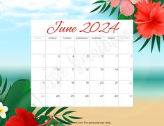 June 2024 Monthly calendar with beach scene and flowers background Vertical Calendar