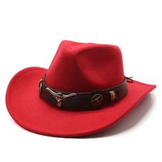 Red Western Cowboy, Cowgirl Hat, Bull Horns Strap, Men Women Retro Wide Brim Casual Hat Bands For Country Events, Western Style Red Hat, Casual Felt Hat For Country Events, Red Adjustable Winter Felt Hat, Red Country Style Hat, Casual Felt Rodeo Cap, Casual Winter Felt Hat For Rodeo, Casual Felt Cap For Rodeo, Casual Winter Hats For Country Events