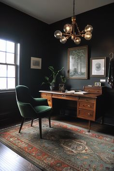 a room with a desk, chair and rug on the floor in front of two windows