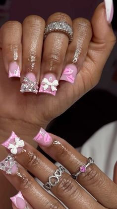 Birthday Nail Set Ideas December, Nails With A Lot Of Charms, Dope Nail Designs Mid Length, Y2k Pink Nails, Pink Nails Simple, Silver And Pink Nails, Short Freestyle Nails, Pink Birthday Nails, Pink Christmas Nails