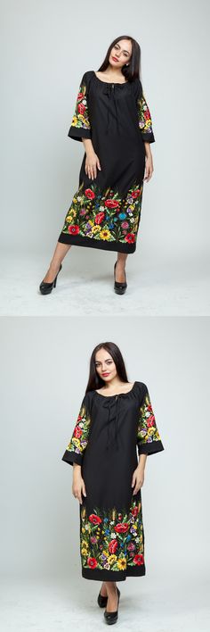 Black Folk Style Summer Dress, Black Folk Embroidered Summer Dress, Black Cotton Folk Embroidered Dress, Black Folk Dress For Spring, Black Embroidered Midi Dress For Summer, Black Folk Dress With Floral Embroidery, Black Embroidered Knee-length Summer Dress, Black Knee-length Embroidered Summer Dress, Black Folk Style Cotton Dress