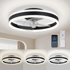 four different views of a ceiling fan with remote controls in front of it and below