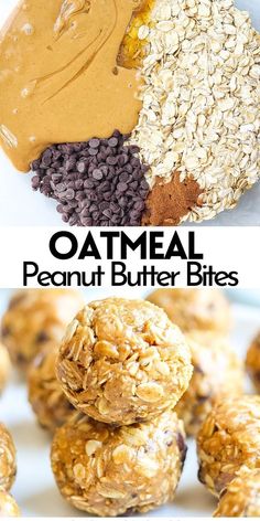 oatmeal peanut butter bites are stacked on top of each other