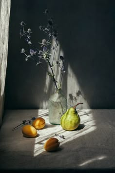 an arrangement of fruit and flowers in a vase on a table with sunlight coming through the window