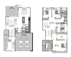 two story house plans with garage and living room in the middle, one bedroom on each floor