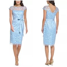 Eliza J Embroidered Illusion Sheath Dress In Sky Blue Size 14 New Without Tags. * Missing Belt. Be The Best-Dressed Guest In Eliza J's Embroidered Sheath Dress, Cinched By A Belted Waist. Tailored Fit Through The Chest, Waist, And Hips; Sits Close To The Body Boat Neckline With Illusion Detail; Sheath Silhouette Back Zipper Closure Self-Tie Belt At Waist Lined Shell: Polyester; Lining: Polyester Dry Clean Imported Blue Lace Dress With Illusion Neckline, Spring Lace Dress With Illusion Neckline, Fitted Blue Dress With Illusion Neckline, Blue Knee-length Lace Dress For Wedding, Elegant Fitted Light Blue Lace Dress, Fitted Light Blue Lace Dress, Blue Knee-length Dress For Mother Of The Bride, Blue Fitted Lace Knee-length Dress, Spring Lace Dress For Mother Of The Bride