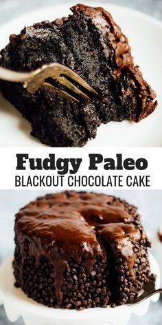 two pictures of chocolate fudge cake on a white plate with a fork in it