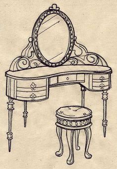 a drawing of a dressing table with a stool and mirror on it's side