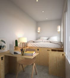 a bedroom with a bed and desk in it