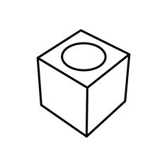 a black and white line drawing of a cube with a circle in it's center