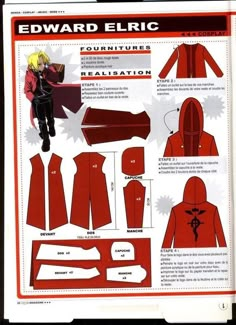 an advertisement for edward elric's red coat and hoodie, with instructions on how to wear it