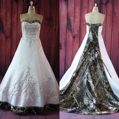 two wedding gowns on mannequins in front of a wooden wall, one is white and the other is black