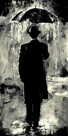 black and white painting of a man holding an umbrella in front of a dark background