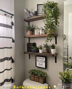 the bathroom is decorated in black and white with lots of plants on shelves above the toilet