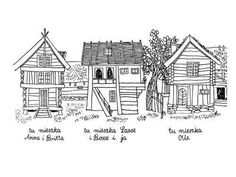 three wooden houses with trees in the front and one house on the back, drawn by hand