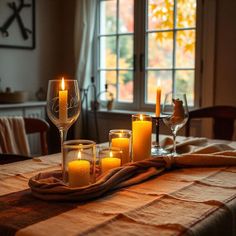 candles are lit on a table in front of a window