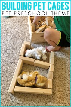 a child playing with wooden blocks and toys in a dog house made out of wood