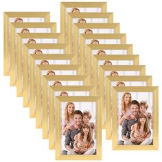 a set of six gold frames with photos of people and their children in them, all holding each other