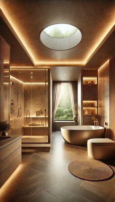 a large bathroom with a skylight above the bathtub and shower area is lit by recessed lighting